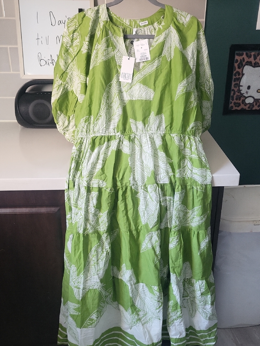 Kaktus Green and White Leaf Print Tiered Midi Dress